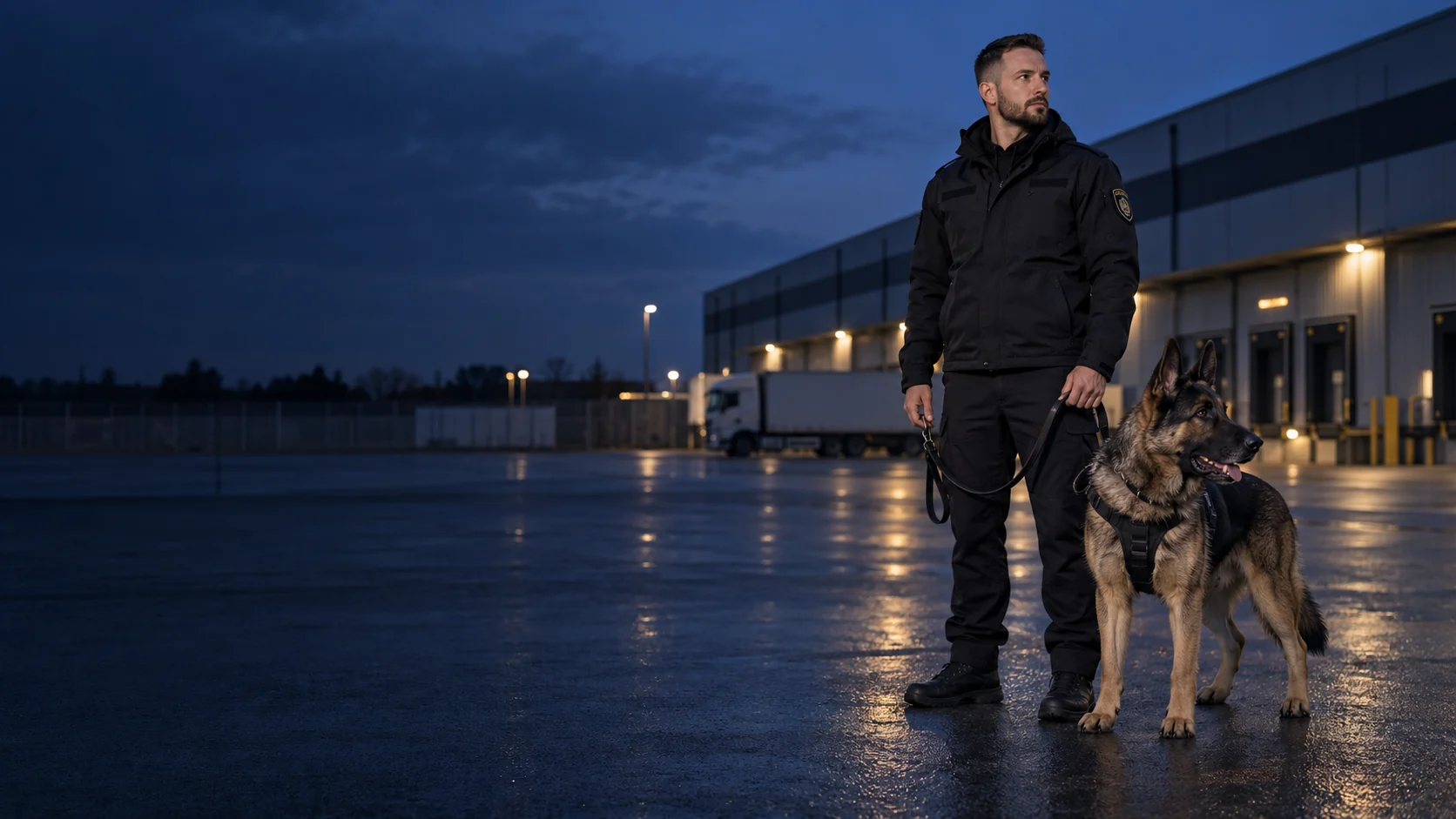 Symbolbild: Sicherheitsmitarbeiter mit Schäferhund vor einem Logistikgebäude in der Dämmerung